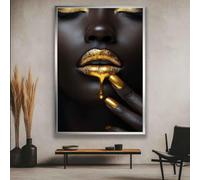 CAOXTART Quadro su tela raffigurante una donna nera con labbra dorate: stampa artistica moderna per il soggiorno e la decorazione delle pareti di casa (40x60 cm/cornice interna)