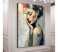 CAOXTART Ritratto astratto di ragazza, dipinto ad olio su tela, opera d'arte da parete grigia con texture, poster decorativo per camera da letto in stile nordico (70x100 cm/senza cornice)