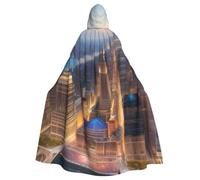 Capa con capucha para Halloween y cosplay con estampado de imagen de ciudad | Disfraz de escenario para juegos de rol, carnaval, fiestas, mago, bruja, vampiro, fantasma, espeluznante
