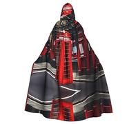 Capa con capucha roja con estampado de cabina de teléfono de Londres, longitud completa, capucha larga, disfraz de Navidad y Halloween
