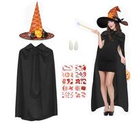 Capa de Bruja de Halloween Mujer, Disfraz de Muerte Vampiro Fantasma Adulto Diablo con Gorro de Bruja Luminoso,10 Tatuajes y prótesis Aterradoras, Cosplay Accesorios CarnavalHalloween, Negro140 cm