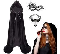 Capa de Halloween Niños con Máscara y Collar,3pcs Terciopelo Negro Capa con Capucha Set 120/140cm Halloween Disfraz de Vampiro Capa Negro Capa Coat para Halloween Carnaval Cosplay Fiesta Mascarada