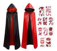 Capa de Vampiro, Capa Negro Rojo con Capucha, Disfraz de Halloween Dracula Adulto, Disfraces de Vampiros y Tatuajes Temporales, Capa de Halloween para Mujer Hombre Fiesta Halloween Cosplay, 150cm