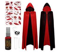 Capa de vampiro para Halloween, 4 piezas, disfraz de sonrisa de sol con 2 dientes de vampiro, 1 sangre artificial y 10 tatuajes de Halloween, capa de vampiro negro y rojo, disfraz de Halloween para