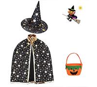 Capa del mago para Halloween, capa de bruja con sombrero, bolsa de caramelos, disfraces de Halloween, disfraz de cosplay para capa infantil, Halloween Costume Props for Kids Cosplay Party, Negro