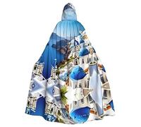 Capa larga con capucha con estampado de vista al mar de la isla griega, disfraz de Navidad y Halloween