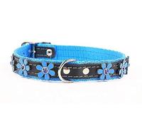 Capadi K0293 - Collar para Perro Decorado con Flores y Cristianos de Piel auténtica Resistente, Suave, Color Azul, Ancho 30 mm, Longitud 65 cm