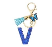 CAPASTEC Llavero con Inicial para Chicas, Llaveros de Letras V, Colgante de Borla de Mariposa Regalo de Llavero Letter Keychains para Mujeres Niñas Mochila y Coche, Azul