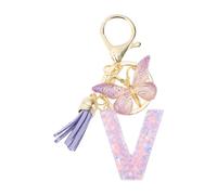 CAPASTEC Llavero con Inicial para Chicas, Llaveros de Letras V, Colgante de Borla de Mariposa Regalo de Llavero Letter Keychains para Mujeres Niñas Mochila y Coche, Morado