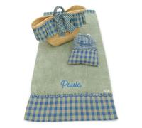 Capazo Mimbre, Toalla de Playa, Bolsa bañadores Personalizado para niña - Conjunto piscina infantil con nombre - 3 piezas (Paula Cuadros empolvados/Verde empolvado)