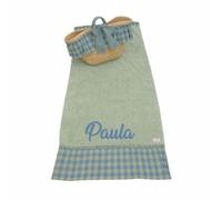 Capazo Mimbre y Toalla de Playa Personalizado para niña - Conjunto para piscina con nombre bordado - 2 Piezas (Paula Cuadros empolvados/Verde Empolvado)
