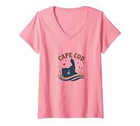 Cape Cod Escena Nocturna Náutica Costera Camiseta Cuello V, Mujer, Rosado, L