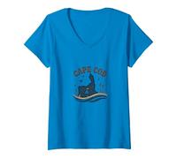 Cape Cod Escena Nocturna Náutica Costera Camiseta Cuello V, Mujer, Zafiro, L