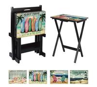 Cape Craftsmen Mesa rectangular para TV | Juego de 4 | Bandejas de sofá plegables fáciles con estante de almacenamiento | Mesas decorativas para servir para actividades en el hogar (playa de la costa