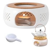 Capgoost Calientaplatos para tetera, calientaplatos de porcelana blanca hueco con alfombrilla de corcho y portavelas, teteras de porcelana, calentadores de té, calentador de té, adecuado para calentar