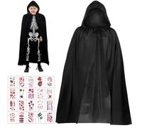 Capgoost Capa Negra, Capa Halloween, 90CM capa con Capucha Disfraz con 20 Cicatrices Tatuajes, Capas Negra con Capucha Medieval Vampiro Disfraz Halloween para Niños Adultos