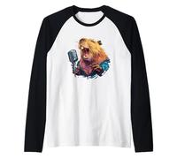 Capibara de Canto Feliz con micrófono para los Amantes del Karaoke Camiseta Manga Raglan