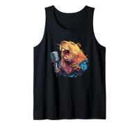 Capibara de Canto Feliz con micrófono para los Amantes del Karaoke Camiseta sin Mangas
