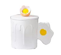CAPIJIONG Taza de cerámica en forma de huevo de 360 ml con cuchara de tapa Preciosa taza de desayuno para la oficina, hogar, restaurante, cafetería, casa de té, blanco