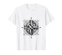 Capitán rosa de los vientos en el barco con volante mientras Camiseta