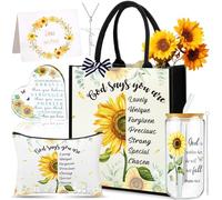 Capoda 5 piezas de regalos cristianos de girasol para mujeres, bolsa de maquillaje de girasol, vaso de cristal, adorno de corazón acrílico, collar de cruz, tarjeta de bendición para Navidad, regalos