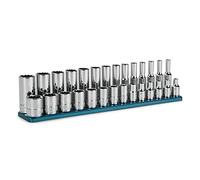 Capri Tools 1/4" Juego de llaves de vaso de 12 puntos, cortas y largas, métricas, de 4 a 15 mm, 28 piezas con riel para vasos de aluminio macizo