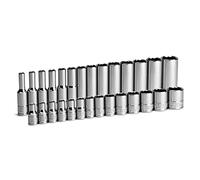 Capri Tools 1/4" Juego de llaves de vaso de 12 puntos, cortas y largas, métricos, de 4 a 15 mm, 28 piezas
