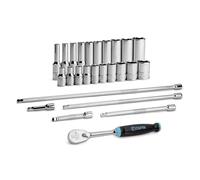 Capri Tools Drive Master - Juego de llaves de vaso cromadas de 6 puntos de 1/4 pulgadas, 3/16 a 9/16 pulgadas, con extensión y trinquete de agarre suave de 90 dientes, 26 piezas, SAE