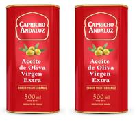 Capricho Andaluz - Aceite de Oliva Virgen Extra Lata de 500 ml, Sabor Intenso y Fresco, Envasado en Lata para Mejor Conservación para Cocinar y Aderezar tus Ensaladas (Paquete de 2)