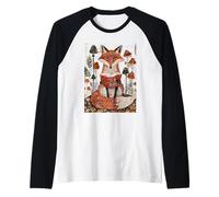 Caprichoso Zorro Leyendo en una Escena de Libro de Cuentos de Bosque de Hongos Camiseta Manga Raglan