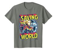 Captain Marvel Saving The World Portrait Camiseta, Niños, Verde Militar Jaspeado, 6 años