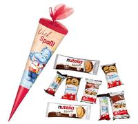 CAPTAIN PLAY Cucurucho de Golosinas Ferrero 35 cm con Nutella Biscuits, Kinder Cards, Kinder Happy Hippo & Kinder Kinderini - Regalo Vuelta al Cole (8 piezas)