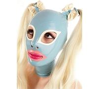 Capucha De Látex Azul Claro Con Pelucas De Cola De Caballo Rubia Doble Cremallera Trasera Máscara De Goma Con Ropa De Club De Coleta Dorada,Medio