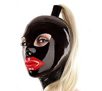 Capucha de látexCapucha de látex de goma con pelucas Colas de caballo Cremallera trasera hecha a mano, titular, XL