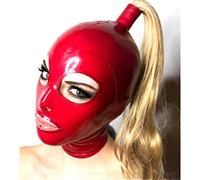 Capucha de látexCapuchas de látex rojas hechas a mano con peluca rubia Tress Ponytail Fetiche, rojo, XS