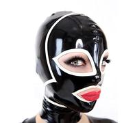 Capucha de látexCapuchas hechas a mano de látex negro con fetiche de adorno blanco, púrpura, XXL