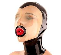 Capucha de látexCapuchas transparentes empalmadas negras hechas a mano de látex con fetiche de tamaño de boca de engarzado abierto, negro, personalizar tamaño
