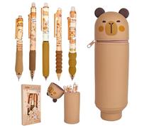 Capybara 2 en 1 Estuche de silicona y 4 bolígrafos borrables Capybara, juego de lápices con cremallera para escuela, oficina, niño, niña, temática de Capybara, regalos de fiesta
