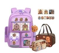 Capybara Backpack, Capybara Backpack Children Set with Pencil Case & Lunch Box, School Teenagers, School for Boys and Girls (Purple)