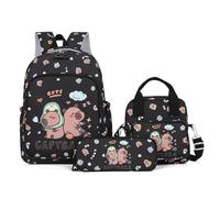 Capybara Backpack Cute Kawaii Backpack 3Pcs Set with Lunch Bag and Pencil Case, Funny Going Out Cartoon Laptop Travel Bag (Black)