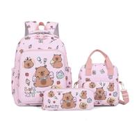 Capybara Backpack Cute Kawaii Backpack 3Pcs Set with Lunch Bag and Pencil Case, Funny Going Out Cartoon Laptop Travel Bag (Pink)