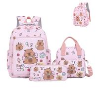 Capybara Backpack Cute Kawaii Backpack 3Pcs Set with Lunch Bag and Pencil Case, Multi-layer Partition Design (Pink)