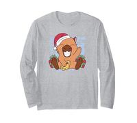 Capybara con Gorro de Navidad para Hombre, Mujer y niños Manga Larga, Unisex para Adultos, Gris Jaspeado, S