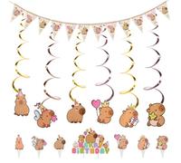 Capybara Decoraciones de cumpleaños, kit de decoración de fiesta de feliz cumpleaños, banderines de papel con temática de Capybara, decoración decorativa para tartas y serpentinas colgantes divertidas