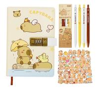 Capybara - Diario con cerradura de combinación, 22 x 15 cm, cuaderno de piel sintética con soporte para bolígrafo, incluye 4 lápices y 1 paquete de pegatinas, diseño de dibujos animados para niños