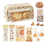 Capybara - Estuche con cremallera, estuche multicapa de gran capacidad, con llavero, bolígrafos de gel, broches, marcadores, pegatinas y notas adhesivas