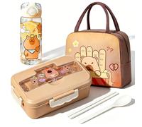 Capybara Fiambreras Bento Niños, Bento Lunch Box con Botella Agua Bolsa Térmica Cubiertos Caja de Almuerzo Escuela Fiambrera Hermética Lonchera Prueba de Fugas para Escuela Viajes Picnic Trabajo