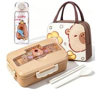 Capybara Fiambreras Bento Niños, Bento Lunch Box con Botella Agua Bolsa Térmica Cubiertos Caja de Almuerzo Escuela Fiambrera Hermética Lonchera Prueba de Fugas para Escuela Picnic Viajes Trabajo