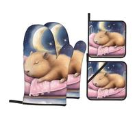 Capybara On The Moon - 4 Manoplas y agarraderas para Horno y Barbacoa, Antideslizantes, Resistentes al Calor, para Cocina y repostería