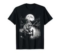 Capybara Pesca Bajo Luna Llena Noche Lago Diseño Camiseta